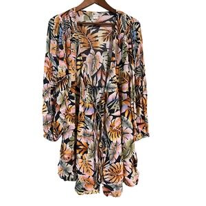 Billabong Tropical Leaf Print Smocked Maxi Dress Kimono Cover Up L